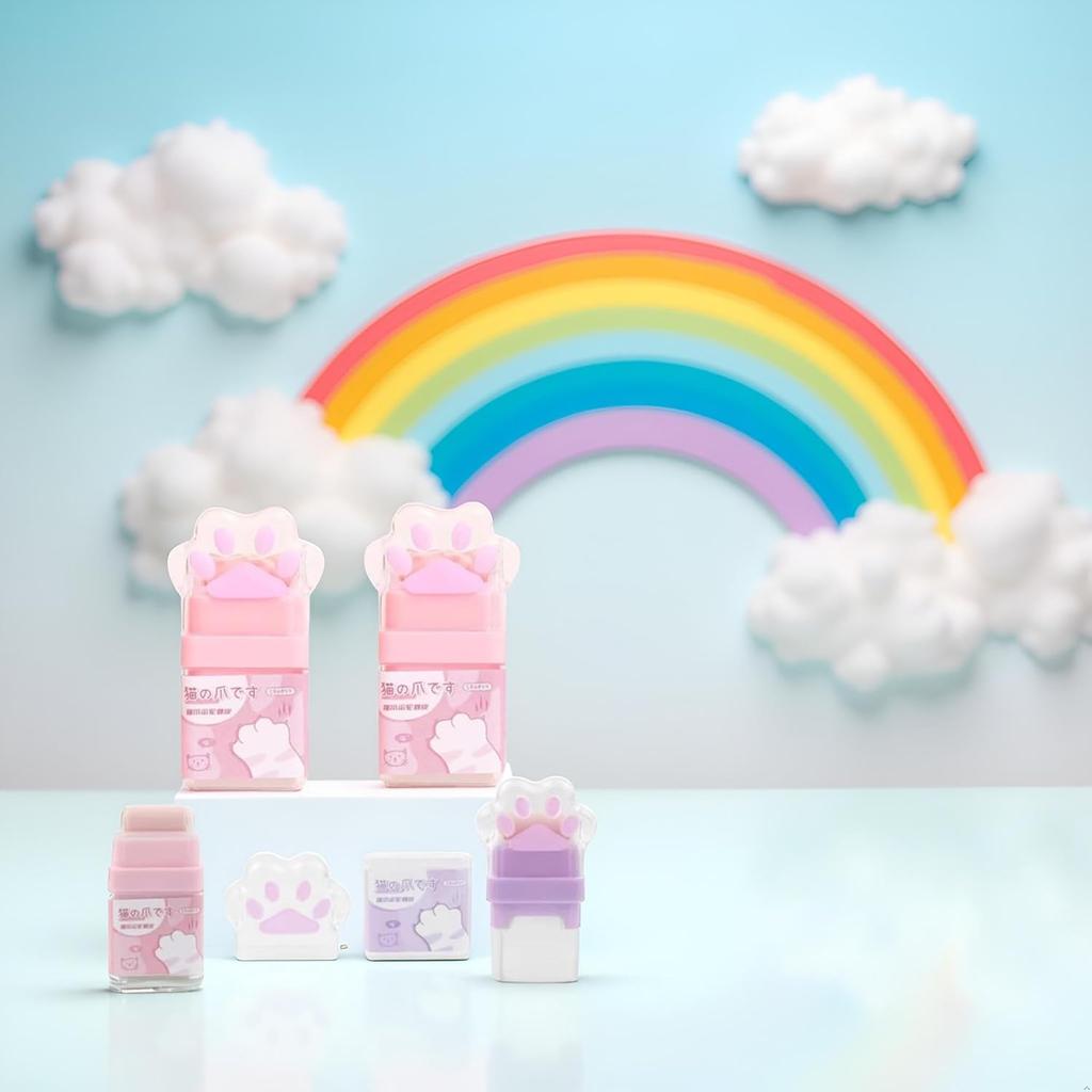 2Pcs Cat Paw Roller Eraser, Cute Cat Rubber, Multicolour Erasers for Kids, Colorful Roller Eraser, Kids with Shaving Roller Case for School Office