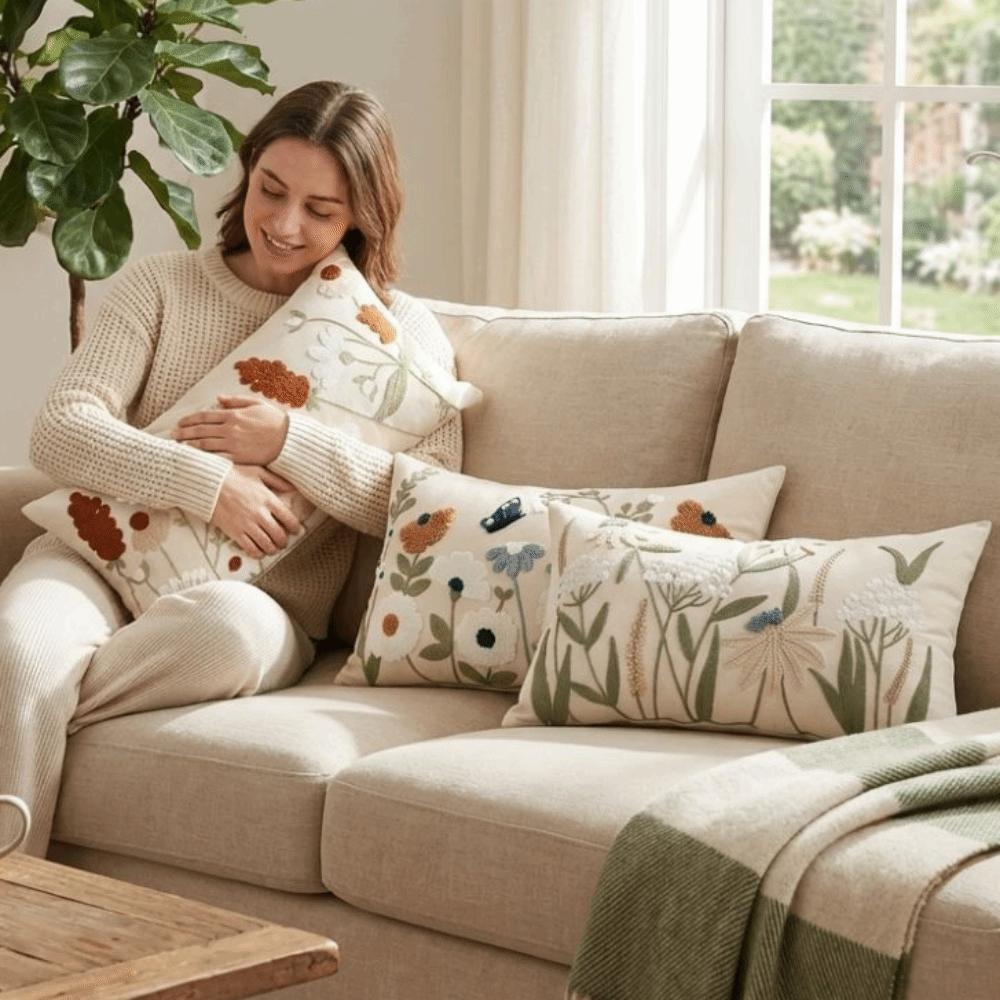 Pastoral Floral Tufted Throw Pillow Cover Canvas Throw Pillowcase  Home Decor