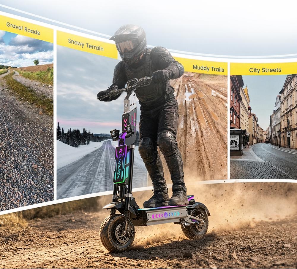 APEFOX T90 Ultra Pneus Off-Road de 13 Polegadas Patinete Elétrico 10000W Motores Duplos 72V40Ah, Freios a Disco Hidráulicos Autonomia 130-150KM Carga Máxima 150kg