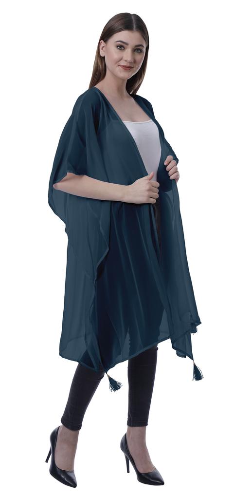 Moomaya Womens Georgette Shrug Open Front Long Sheer Coverup w  Tassels