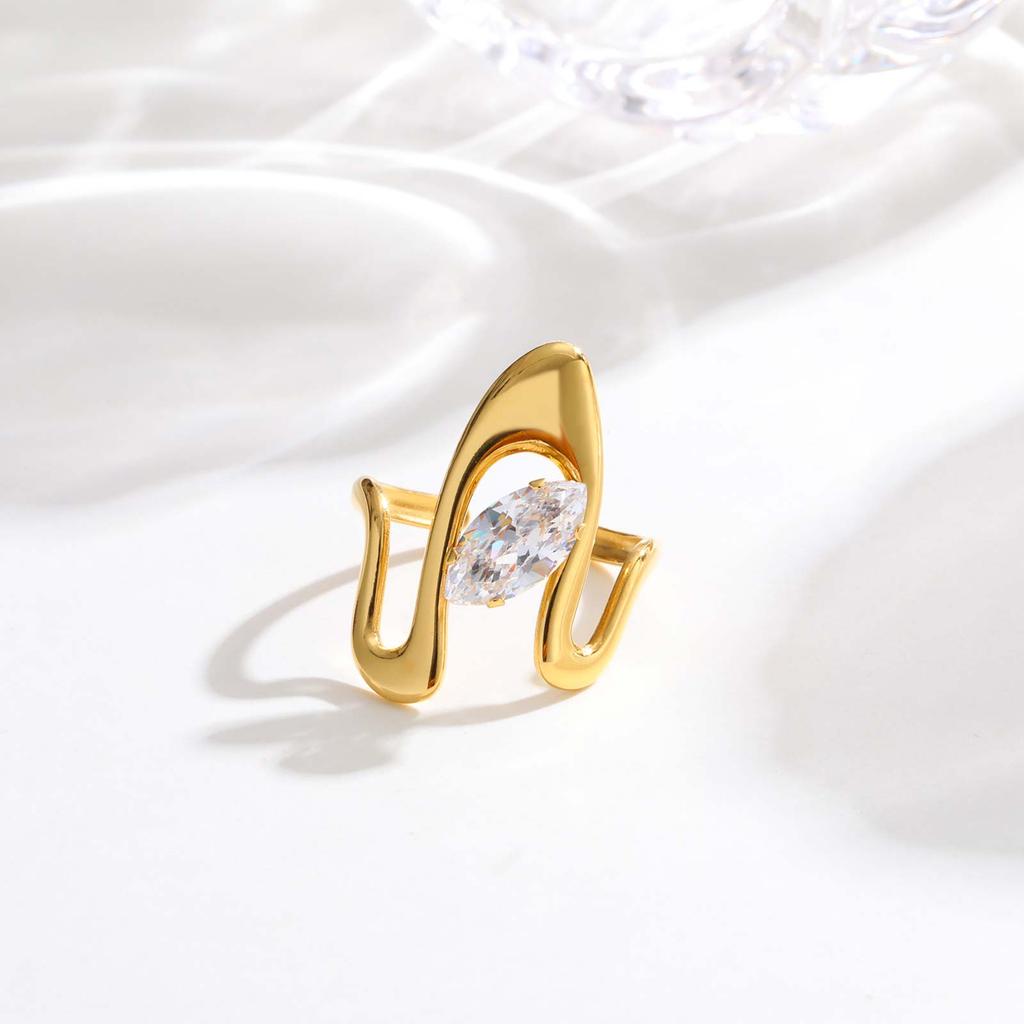 Cubic Zircon Irregular Hollow Opening Ring for Women, Geometric Twist Lines Stainless Steel Ring, Fashion Waterproof Jewelry