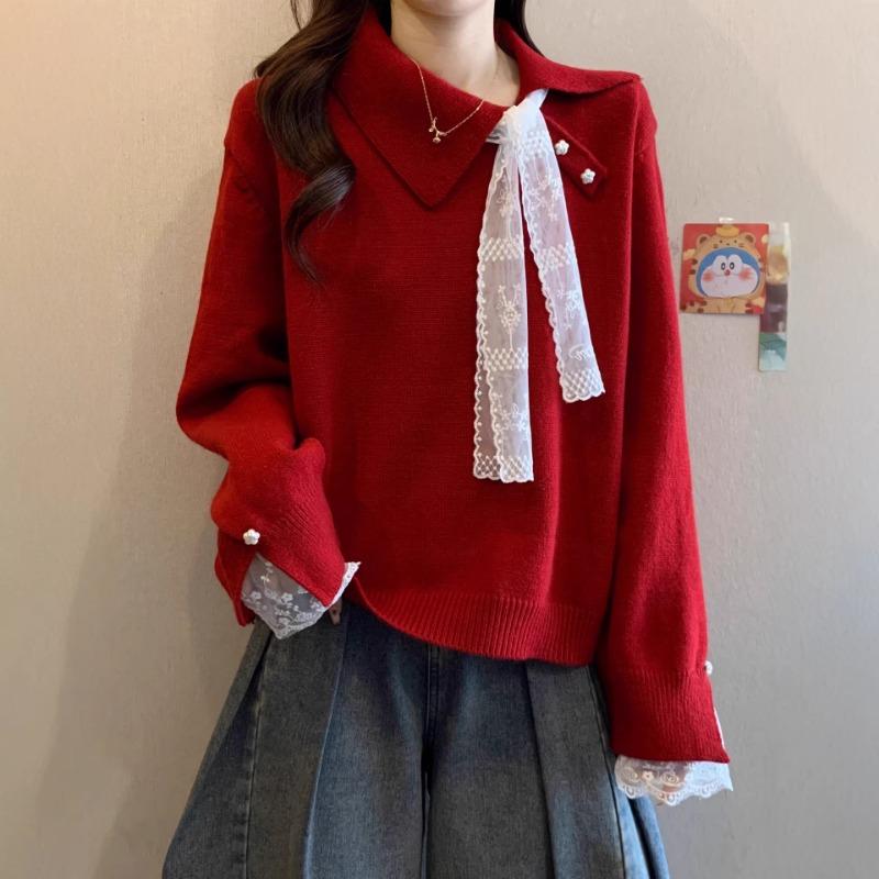 High-end Red Sweater Autumn and Winter New Plus Size Women's Fat and Beautiful Lace Stitching Sweater Top