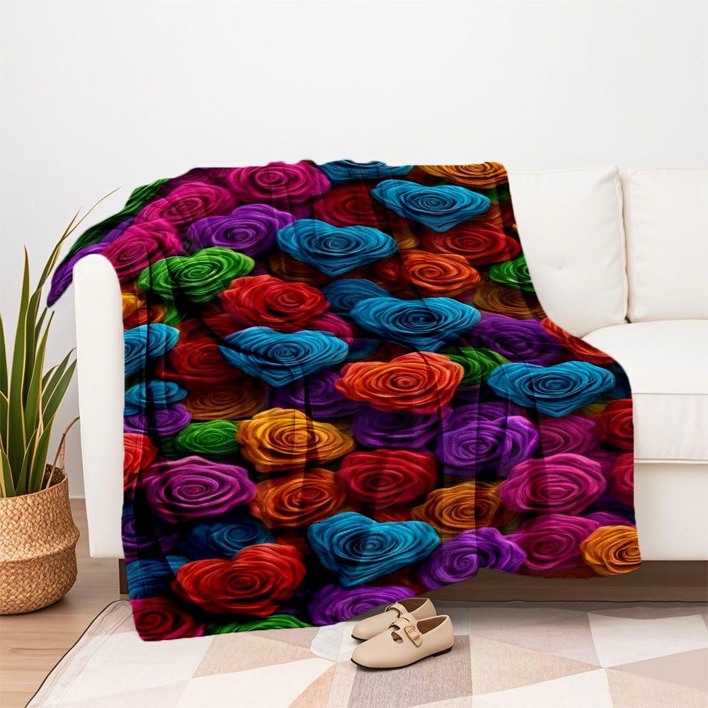 Colorful Rose Heart Fabric Print Upholstery MaterialBlanket Flannel Throw Blanket for Sofa, Bed, Travel, Camping, Office, Couch, Chair, And