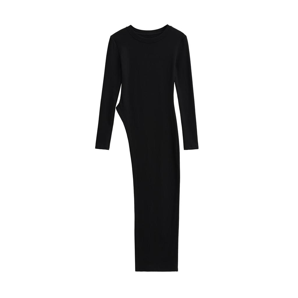 European & American Irregular Split Round Neck T-shirt Dress with Long & Short Sleeves – Women's Slim Fit Base Layer Top