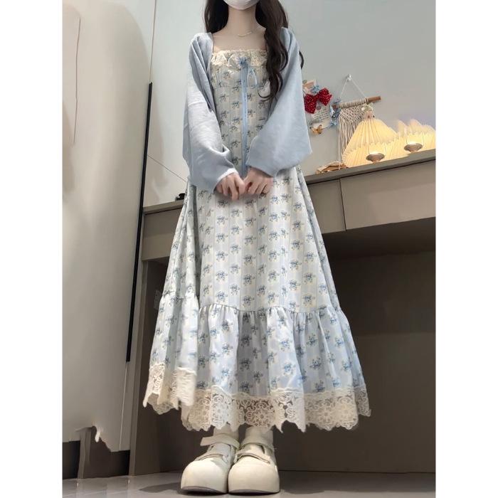 

2026 Summer Korean Gentle Lace Patchwork College-Style Waist-Cinched Floral Dress with Doll Collar XL