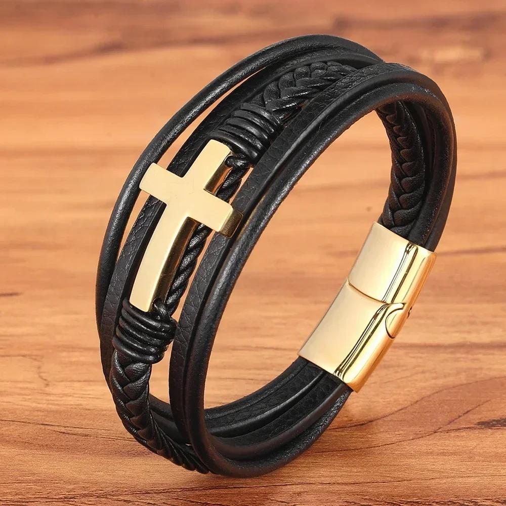 2025 Luxury Multicolor Cross Design Classic Stainless Steel Men's Leather Bracelet 19/21/23cm Choose Handsome Christmas Gifts