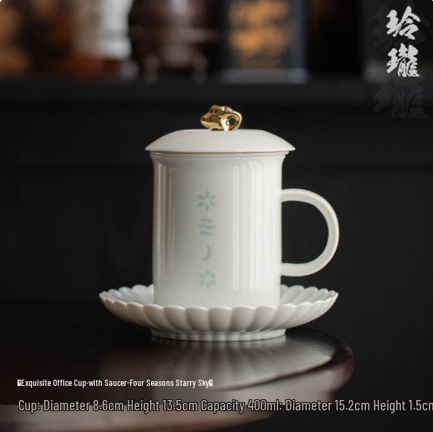 Exquisite Mutton Fat Jade Office Tea Cup Set with Lid & Filter