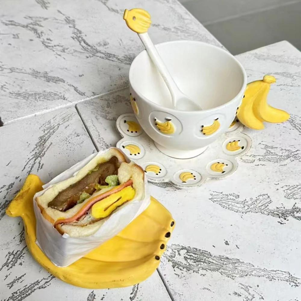 Creative Banana-shaped Cup Saucer Spoon Set Cute Japanese Ceramic Tableware Dessert Plate Simple Breakfast Cup Coffee Utensils