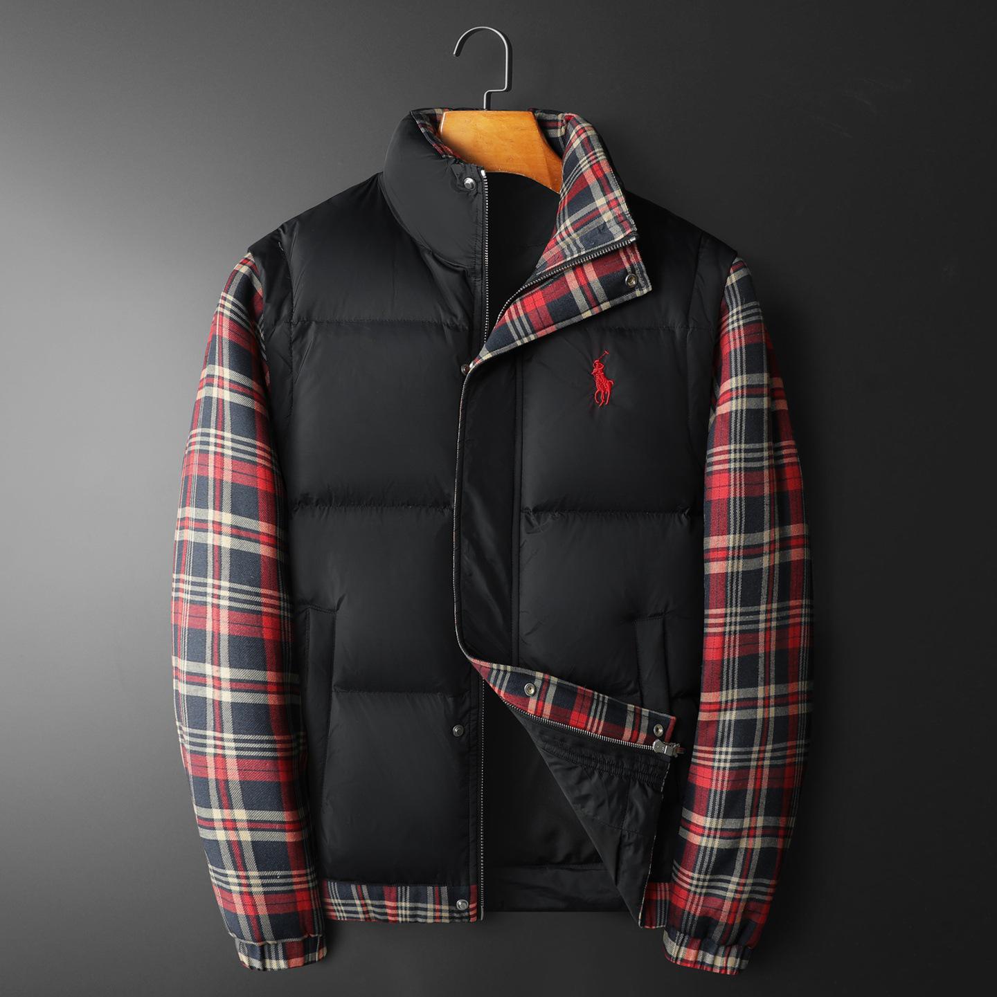 Men s High-End Color Block Plaid Winter Down Jacket - Trendy Stand Collar Thick Outerwear L