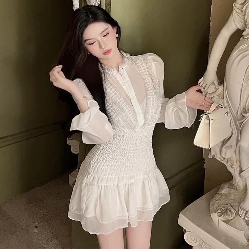 High sense Korean French gentle wind small waist short skirt ruffle edge shirt dress fairy short skirt