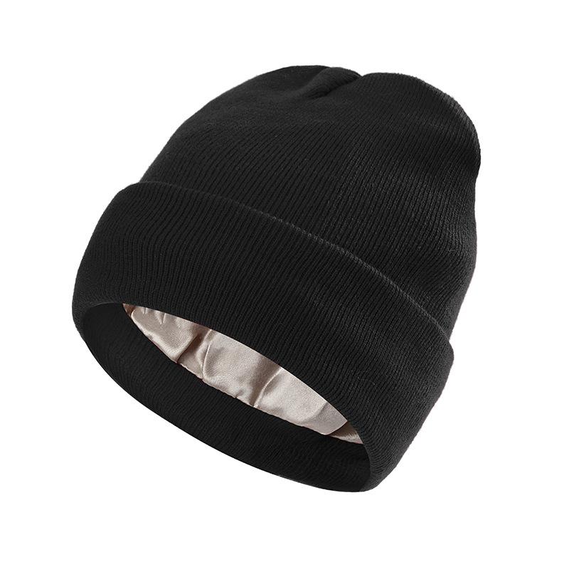 European-American Autumn/Winter Silk Satin Knitted Hat: Hairstyle Protection & Warmth