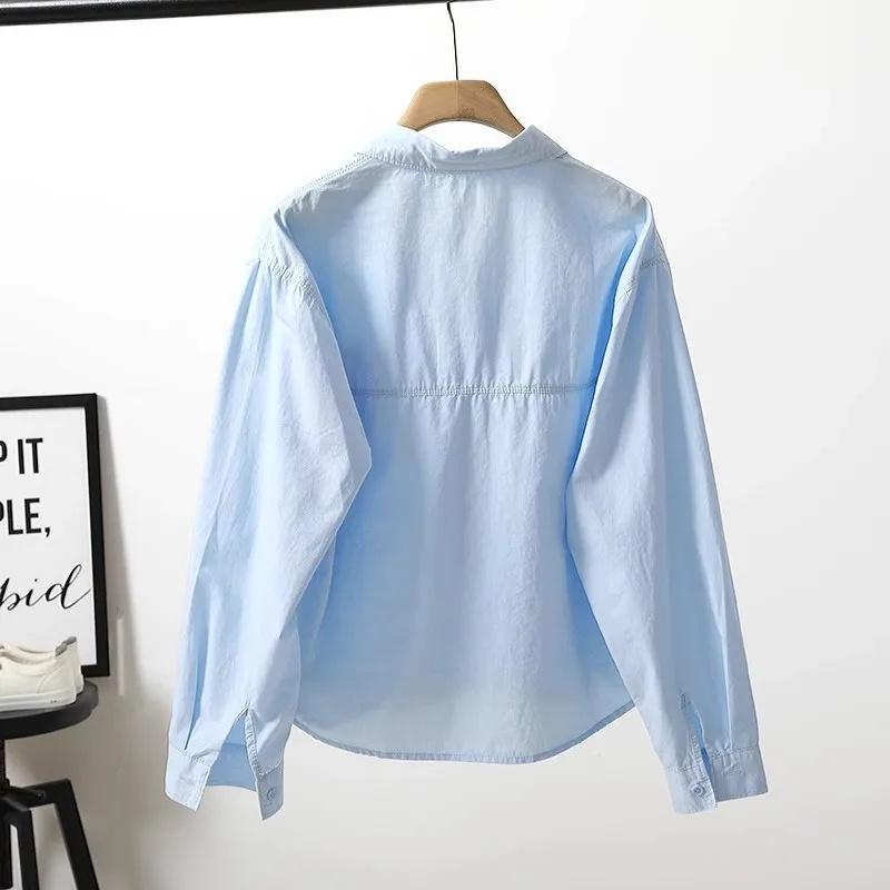 Short Cotton Shirt Women's Spring Summer Coat Fashion Letter Pocket Jacket Long Sleeve Casual Blouse Joker Ladies Tops