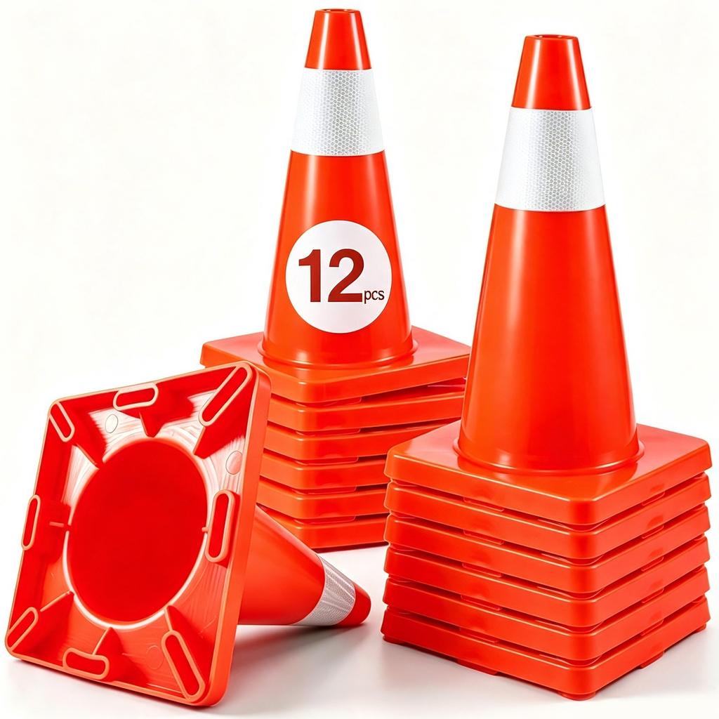 12Pack 18\" Traffic Cones, Safety Road Parking Cones PVC Base, Orange Traffic Cone with Reflective Collars, Hazard Construction Cones for Home Traffic