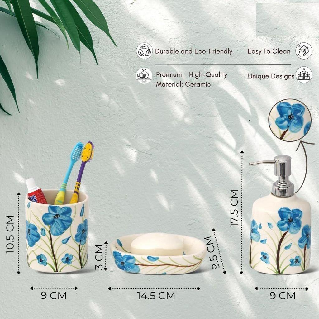 Premium Keramiskt Badrumstillbehörsset om 3 | Lyxigt Badrumsset med 300 ml Tvåldispenser, Tandborsthållare & Tvålkopp | Handmålade Dekorationsföremål