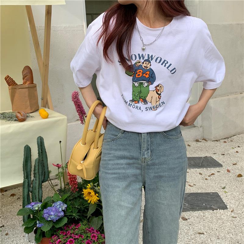 Vintage Funny Cartoon Print Young Girl Short Sleeved T-shirts for Women's Summer Casual Loose T Shirt Harajuku Streetwear Tshirt Y2k Tops