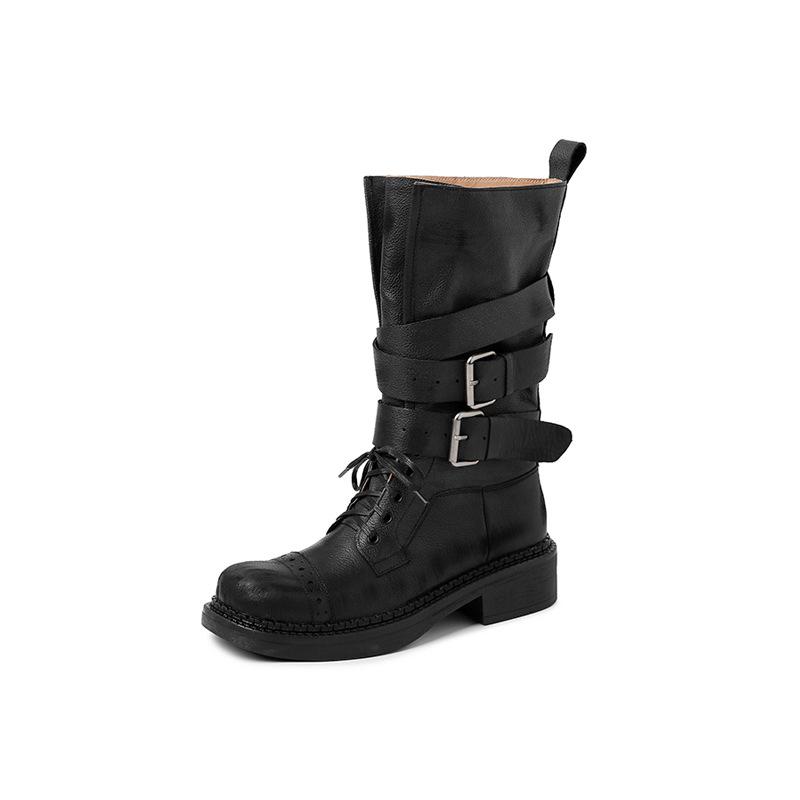 Leather Thick-soled Thick-heeled Polished Martin Boots Women's 2025 New Medium Tube Belt Buckle Locomotive Boots Single Boot Design Sense