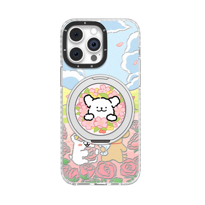 Ins Flower Dog Suitable for Apple 13 Mobile Phone Case Huawei Mate60pro Fulcrum Bracket 15 Cute 14 Anti-fall