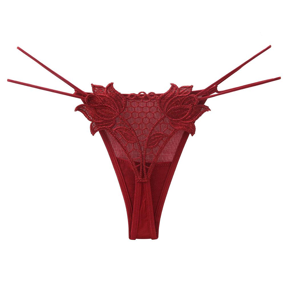 European Size Cross-border Sexy Embroidered Thong, Ice Silk Comfortable and Fashionable Hollow Double Strap Temptation Women's Underwear Large Size