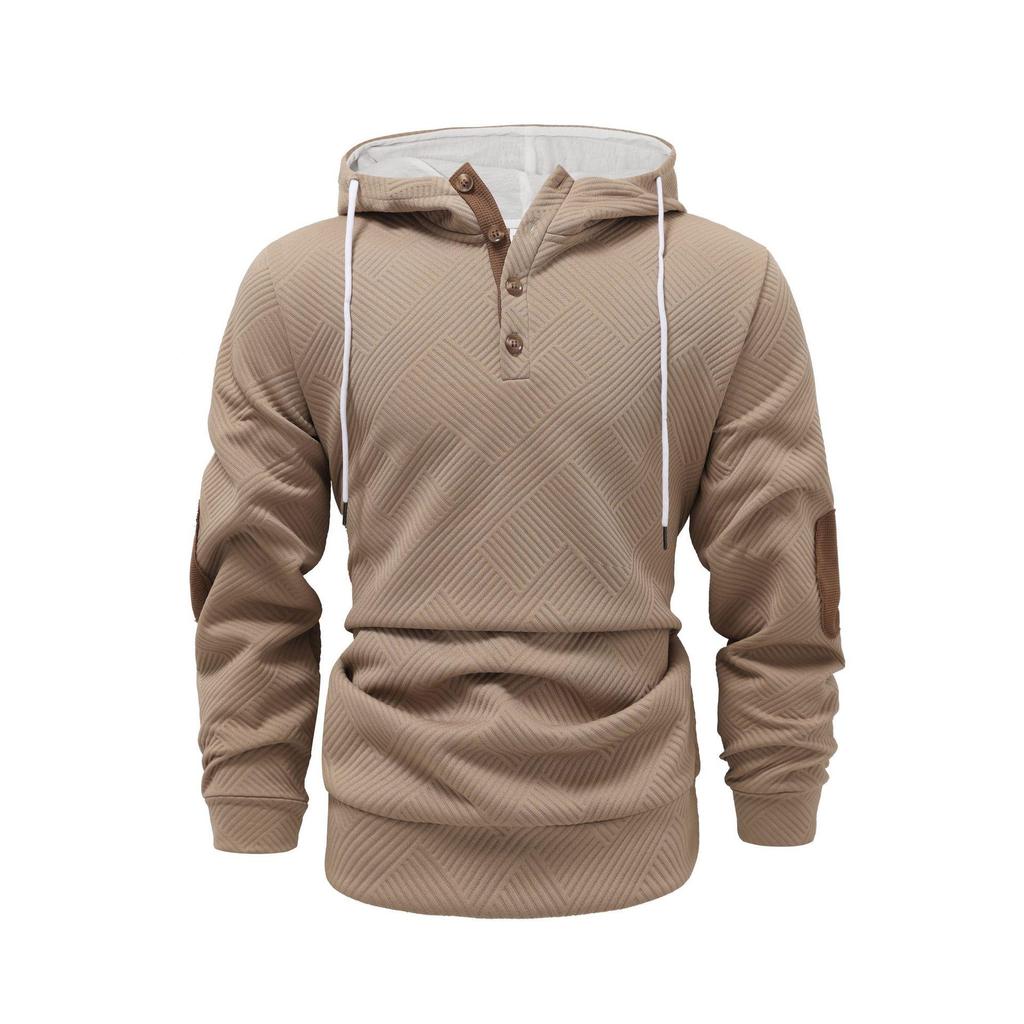 Men's Solid Color Jacquard Hooded Sweatshirt - Autumn/Winter European American Style, Loose Fit Casual Outerwear