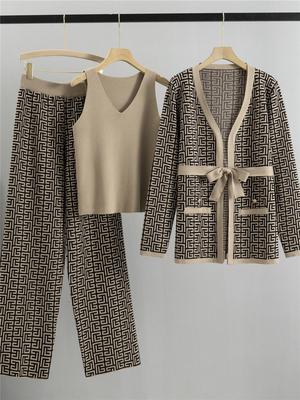 European Fashion Casual Women's Autumn/Winter Three-Piece: Shawl Coat, Knitted Sweater & Wide-Leg Pants Set.