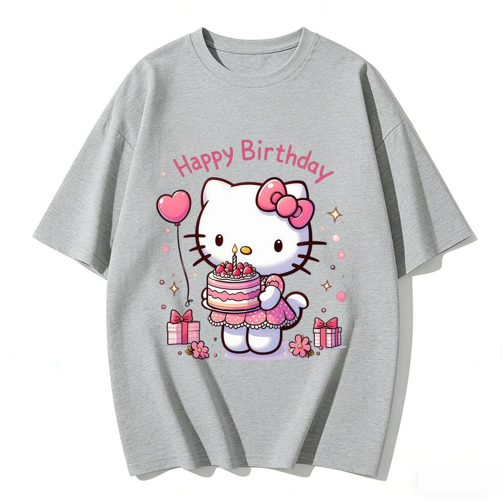 2026 New Hello Kitty Happy Birthday Cake Cartoon Print Tshirt Family Matching Outfits Casual Short Sleeve Tee for Women Unisex Kid