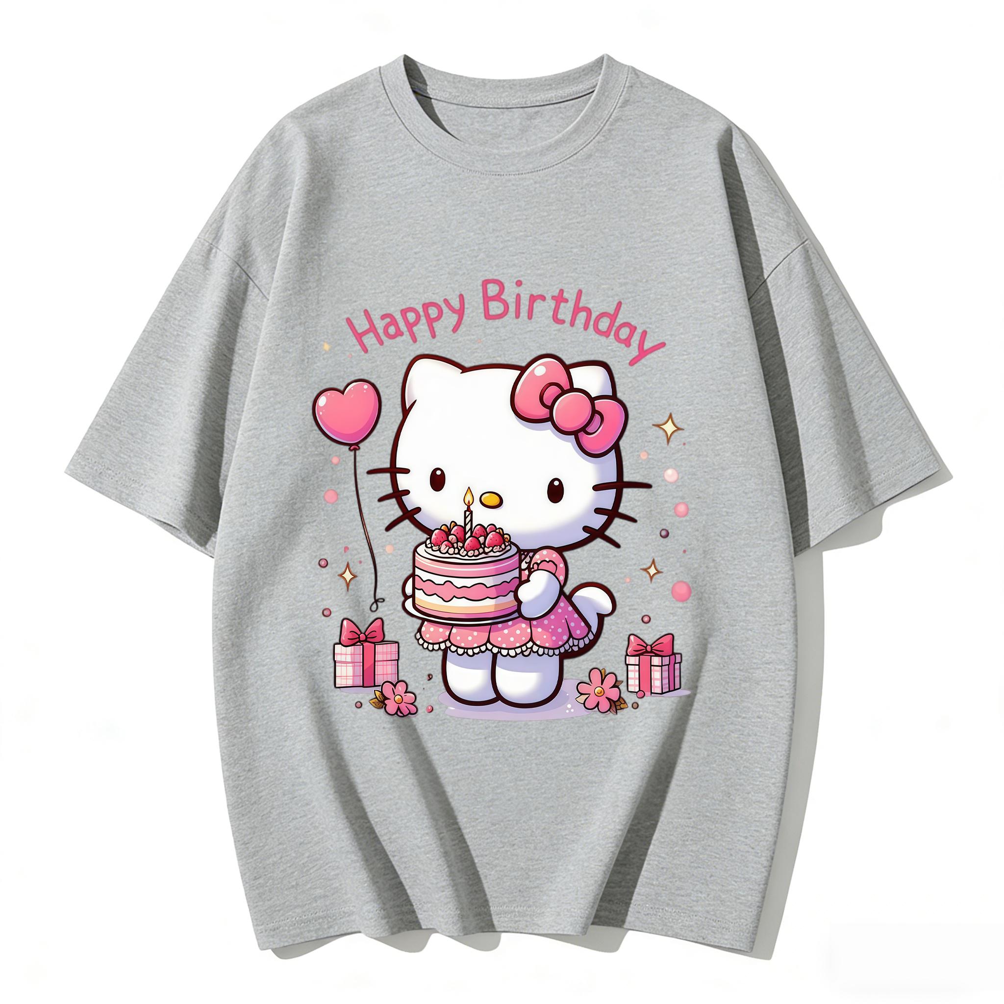 

2026 New Hello Kitty Happy Birthday Cake Cartoon Print Tshirt Family Matching Outfits Casual Short Sleeve Tee for Women Unisex Kid S