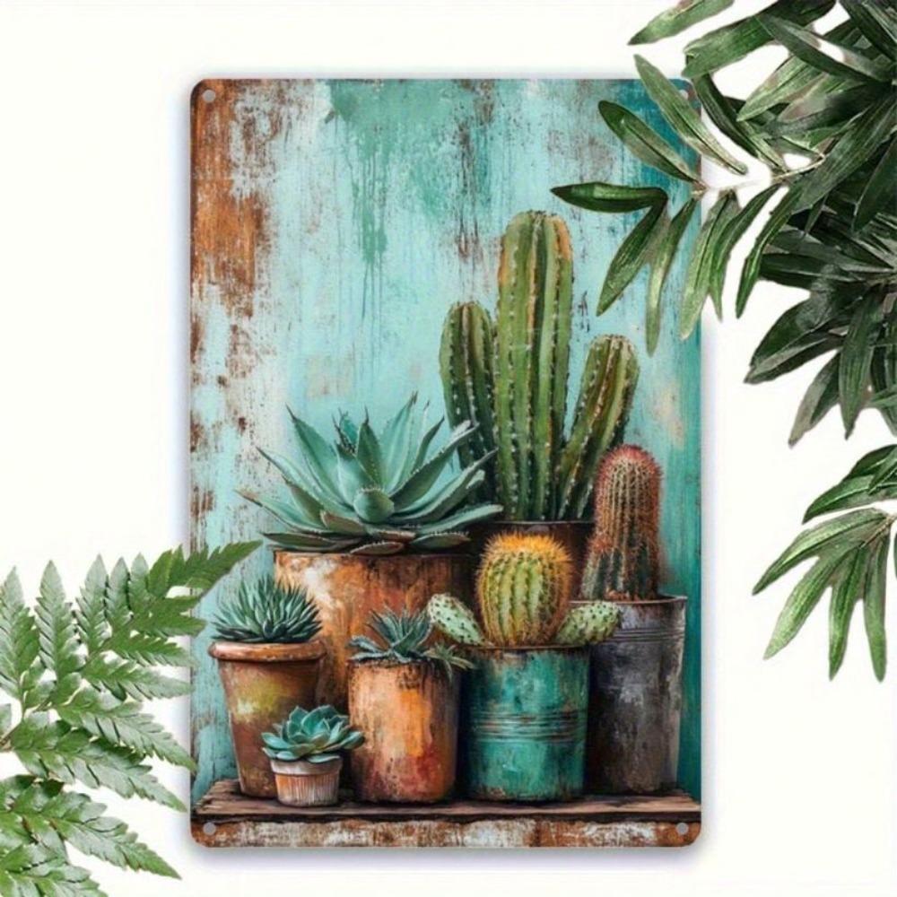 Tin Sign Vintage Cactus Wall Decor 12x8 inch Rustic Metal Poster for Farmhouse Indoor