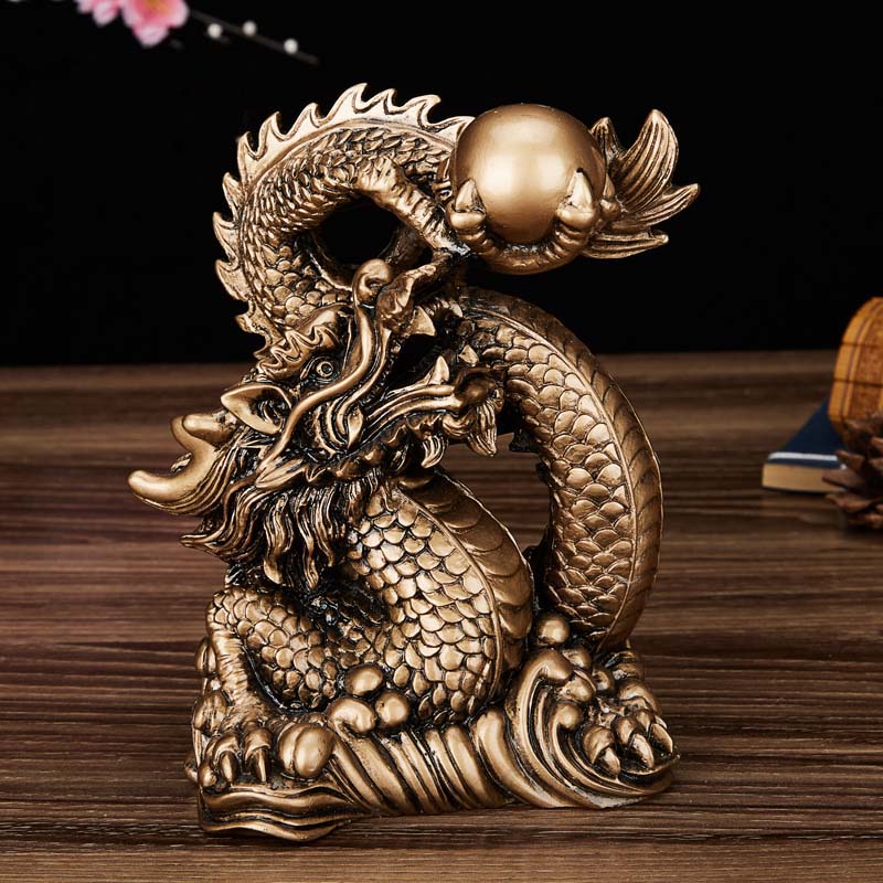 Harz Glücksdrachen Skulptur Statue Chinesisches Maskottchen Tamron Ornamente Heimdekorationszubehör Goldfarbe und antikes Kupfer