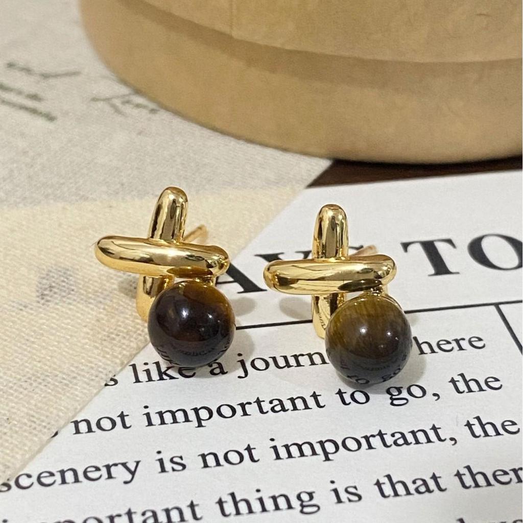 French Gold Cross Tiger Eye Stud Earrings: Melange Style, Light Luxury, Unique Design for Women