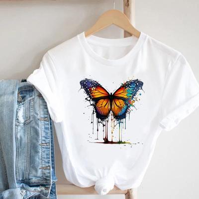 (Asiatische Größe) Frauen Print Lady Schmetterling Aquarell Trend süße T-Shirt Top Kleidung lässig Kurzarm Mode T-Shirt weibliche Grafik T-Shirts