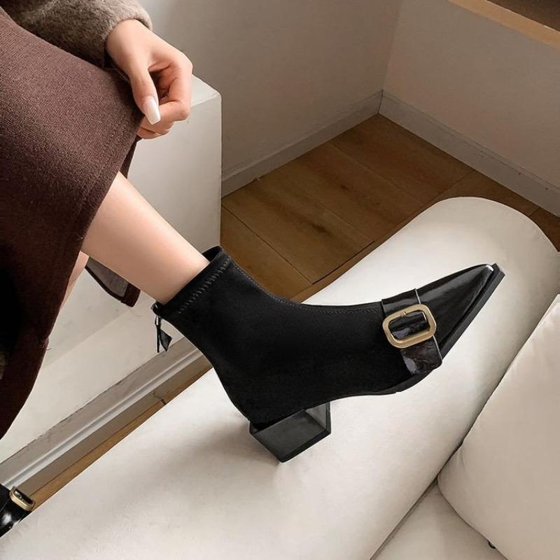 

Fashion Suede Paneled Pointed Toe Women s French Vintage Simple Buckle Kitten Heel Stretch Booties 42 чорний