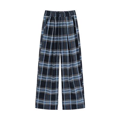 Blaue Karohose für Damen im Winter Neuer Stil Drapierter Lässiger Stil Retro Straight-Leg Hose Hohe Taille Locker Plus Samt Weitbeinige Hose