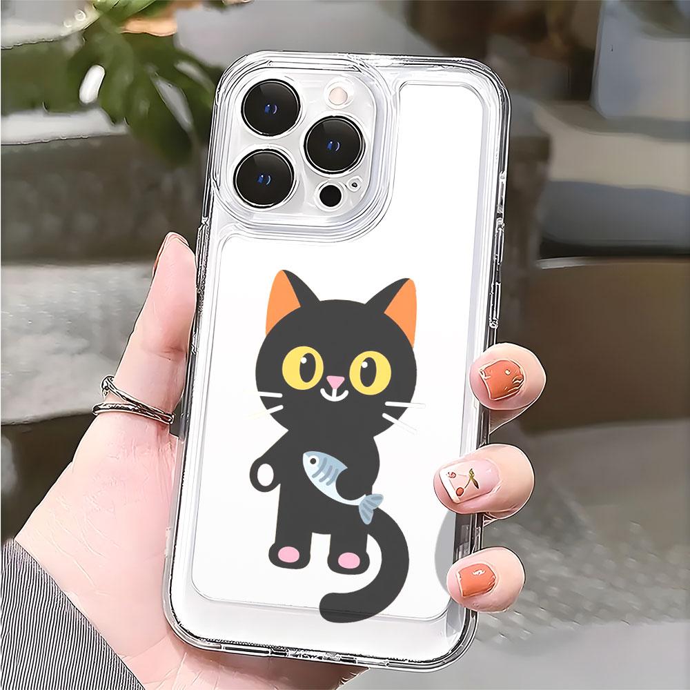 Cute Black Cat Holding Fish Transparent Soft TPU Phone Case for Xiaomi Redmi Note 15 14 13 12 11 10 9 Pro Plus 4G 5G Soft Cover