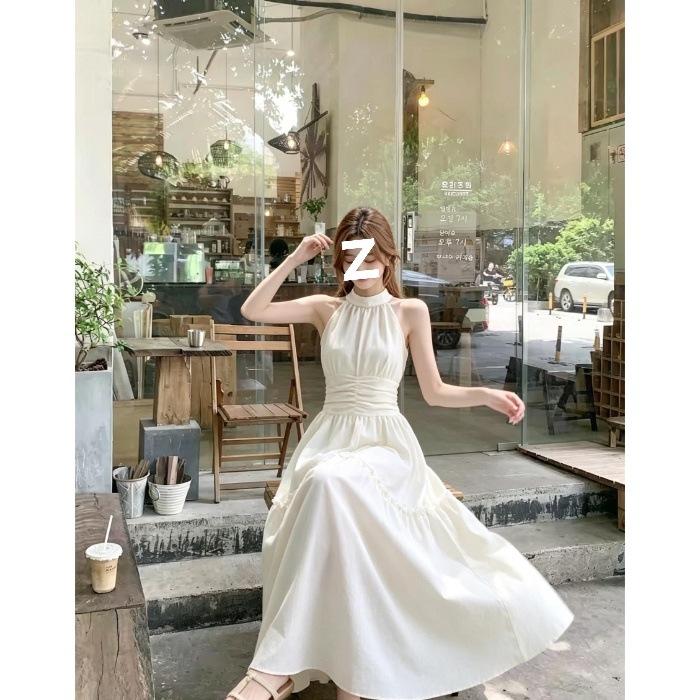 New summer white dress for women, neck, waist folds, thin, pure desire style temperament, big swing dress