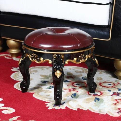 Retro Rzeźbiony Mały Stołek Luksusowa Skórzana Poduszka Kreatywne Niskie Siedzisko Elegancki Pokój Krzesło Sofa Stylowe Siedzisko Dekoracyjny Podnóżek