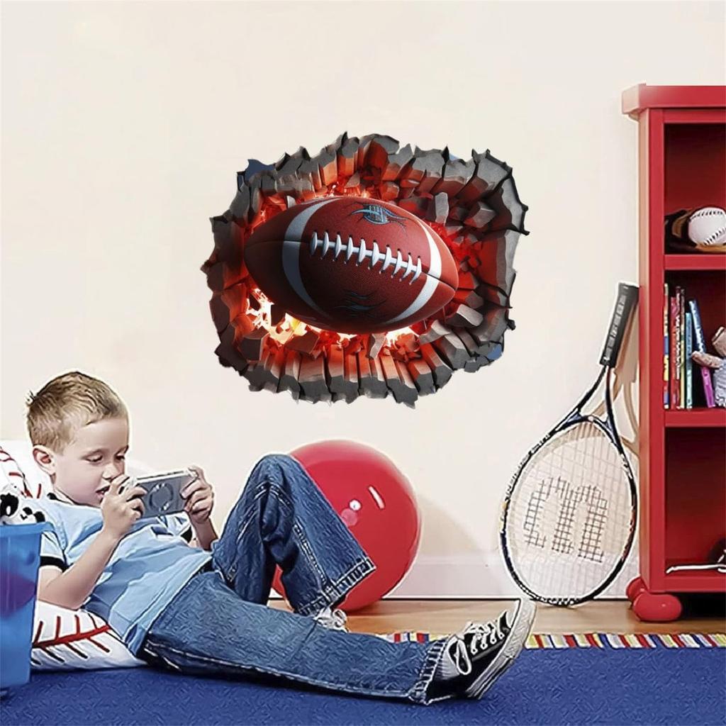 3D Football Wall Decal Rugby Break Through Wall Stickers Peel And Stick For Man Cave Teen Kids Boys Bedroom Playroom Game Rooms Decor Sport Wall