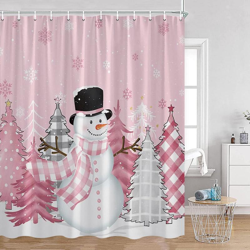 Funny Christmas Shower Curtain Red Santa Claus Cute Blue Snowman Winter Forest Landscape Cloth Home Bathroom Decor Bath Curtains