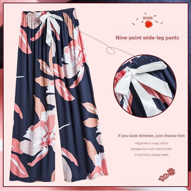 Women's Summer Loose-Fit Wide-Leg Pajama Pants - Imitation Cotton Silk, Nine-Point Length, Wear Indoors or Out