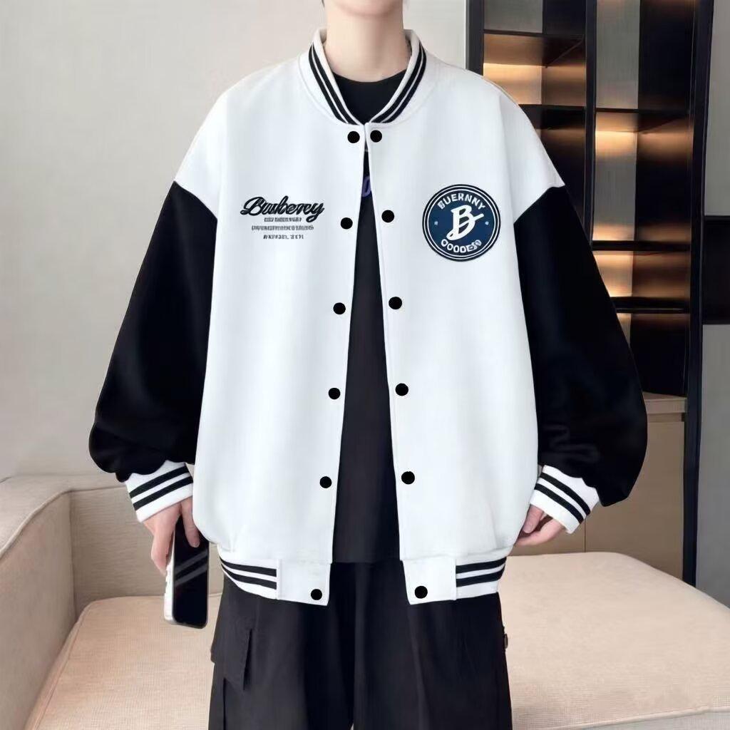 American Size Black & White Trendy Retro Men's Color Block Baseball Jacket for Spring/Summer