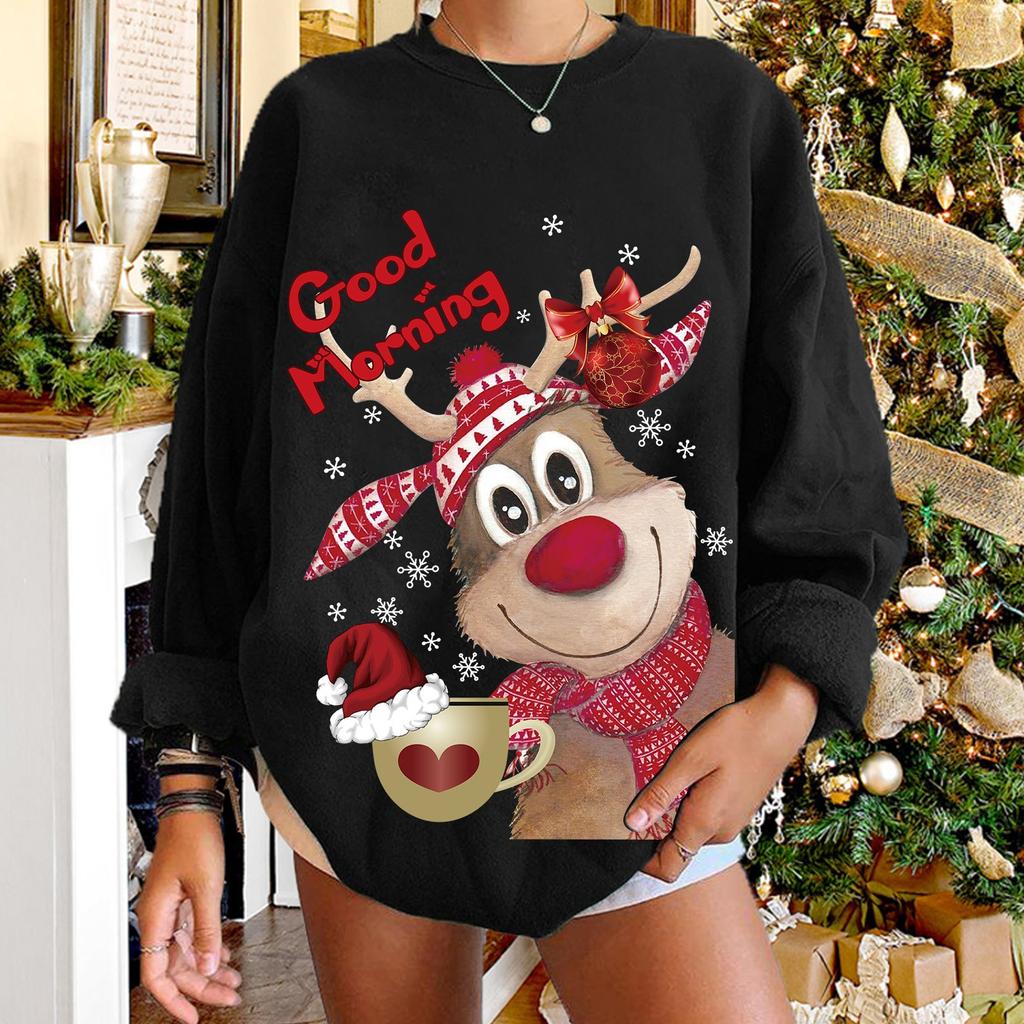 Women's Fashion Casual Christmas Print Round Neck Sweater Loose Sports Tops Pullover