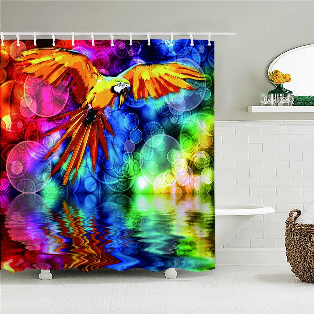 Colorful Birds Parrots Shower Curtain With 12 Hooks Waterproof Polyester Fabric Bath Bathroom Curtain Home Decor, 9 Size