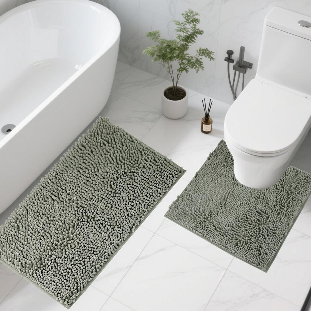 1/2Piece Loop Bath Mats for Bathroom Non Slip Chenille Bath Mat Set Rugs with Water Absorbent Pedestal Bathmat Shower Toilet Mat