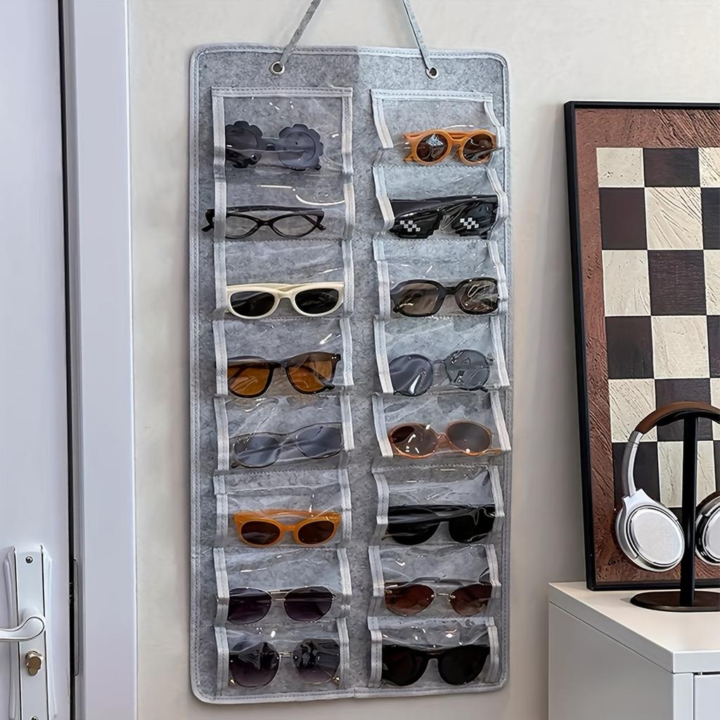 1pc Wall Hanging Eyeglasses Storage Organizer Felt Backing Easy to Wipe Foldable Eyewear Storage Bag with 16 Transparent Pouch