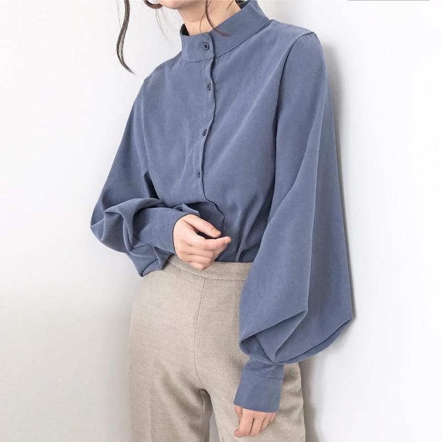 Black Stand Collar Shirt for Women, Trendy Petite French Style Elegant Shirt, Retro Hongmei Sleeve Top