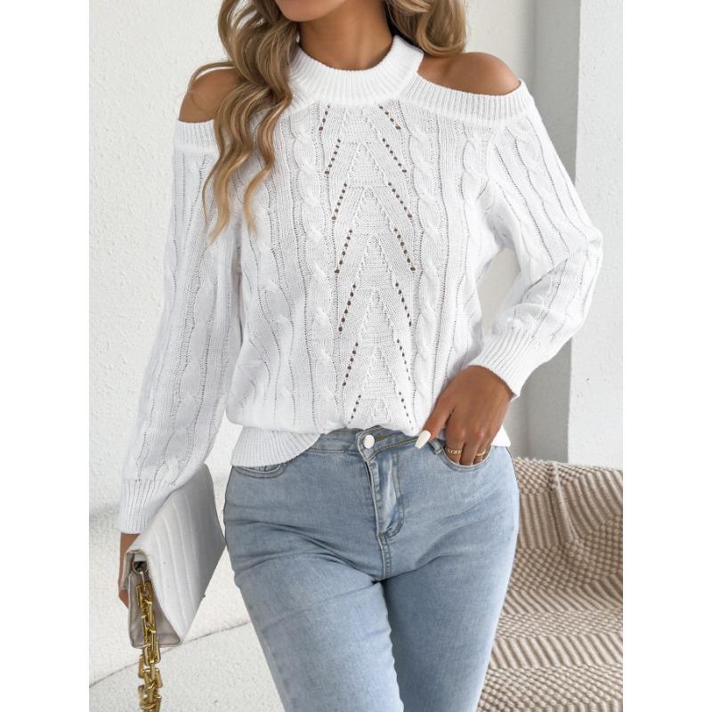 Womens Casual Solid Off Shoulder Long Sleeve Pullover Sweater