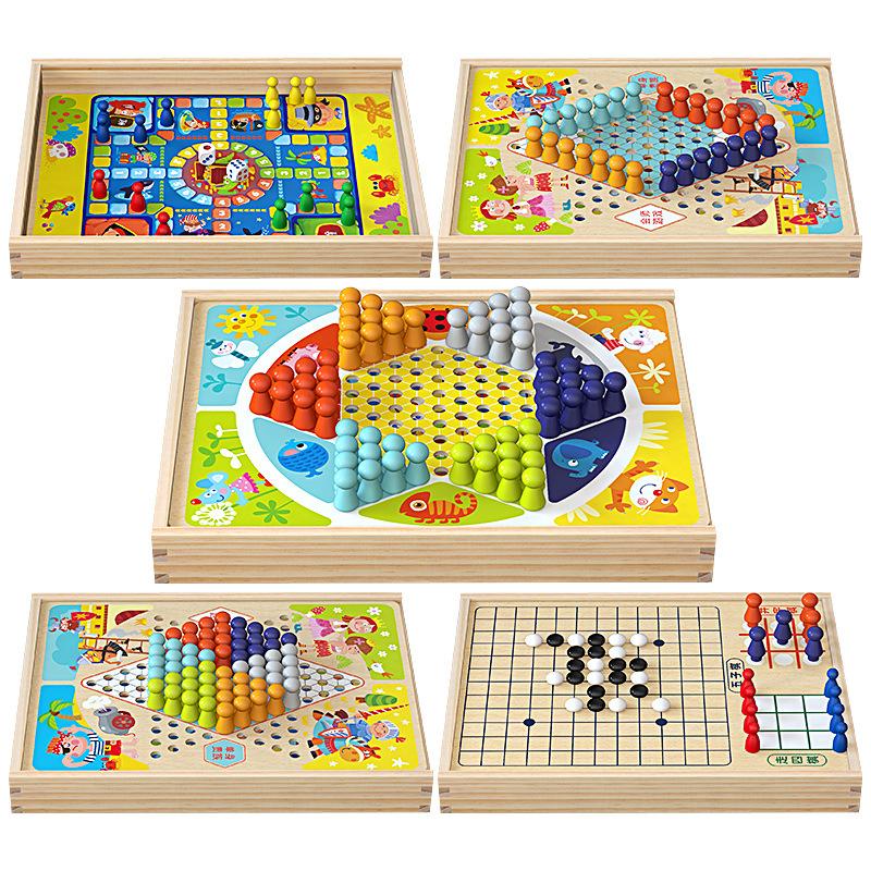 Multifunctional Wooden 7-in-1 Educational Game: Flying Chess & Checkers Set for Kids