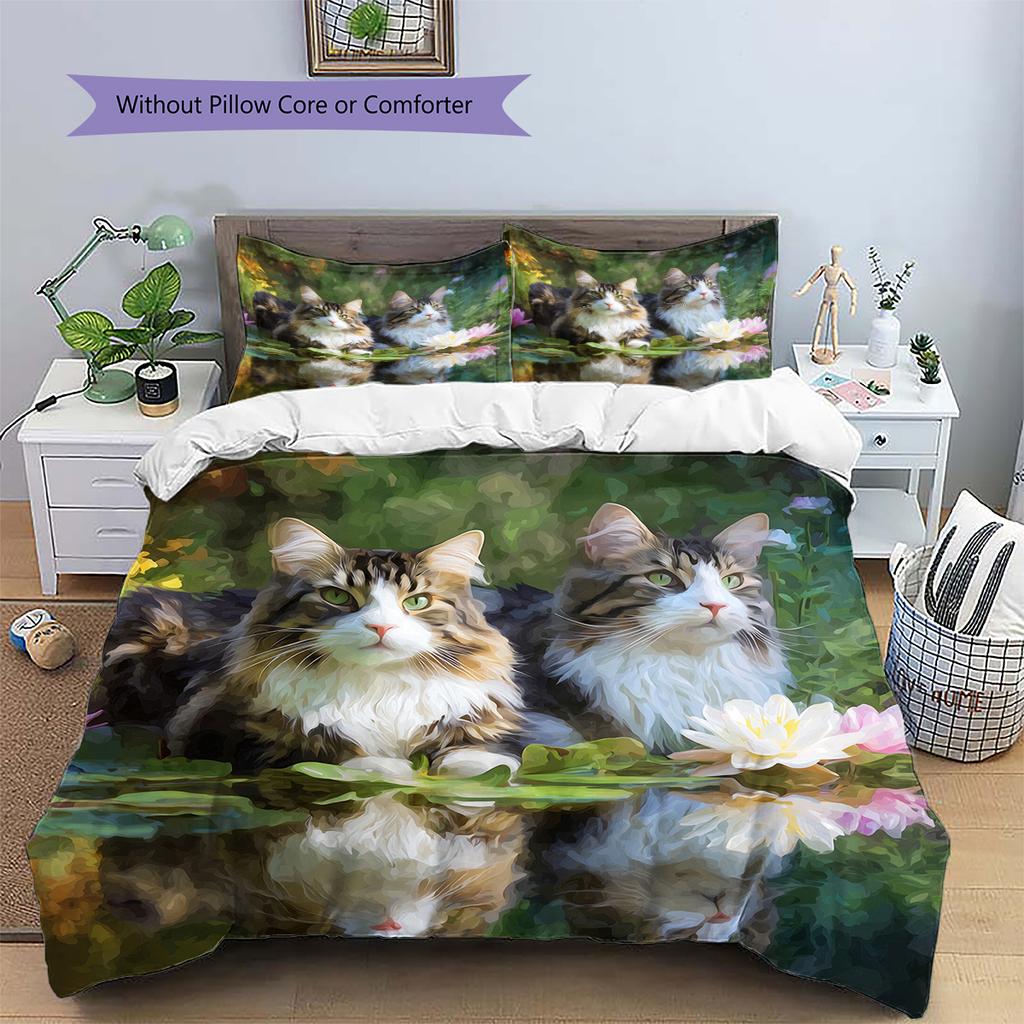 Maine Coon and Flowers Pattern Bedding Home Decoration Birthday Gift (1 * Duvet Cover + 2 * Pillowcase, Without Core)