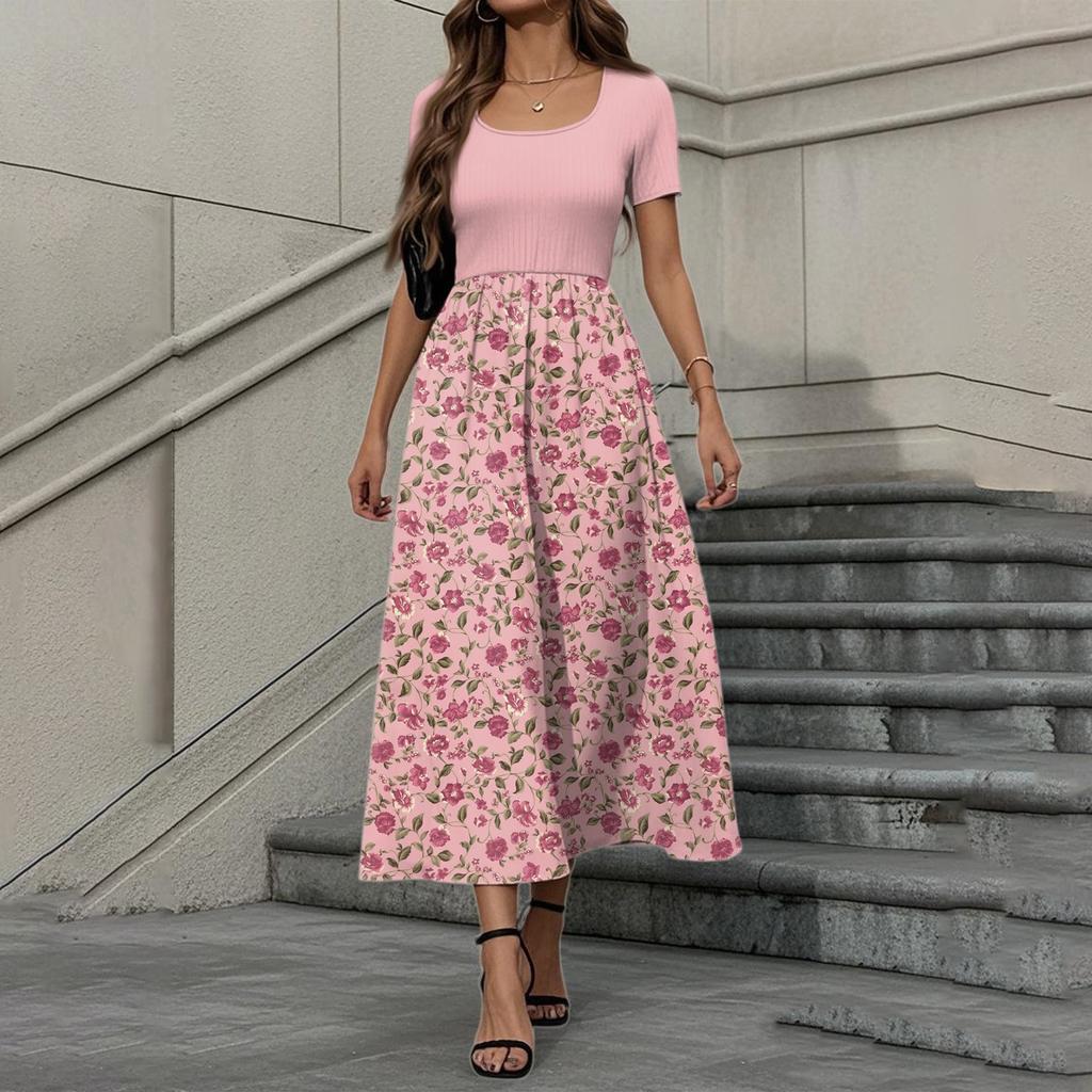 Women's Fashion Casual Short Sleeve Round Neck Splicing Floral Print Elegant Temperament Dress