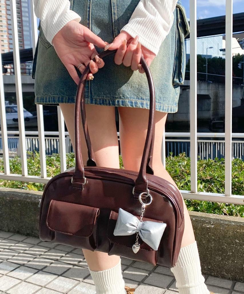 WEGO Boston Bag with School Deco Shoulder Korean School School Brown Sonata Charm, Bag, Bag, Bag, Casual, Girly, Bag, Gift, Present, Bag, Year-Round,