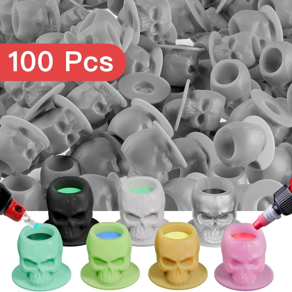 100PCS Tattoo Ink Cup Skull Disposable Silicone Tape Base Plastic Permanent Makeup Tattoo Pigment Cup Tattoo Accessories